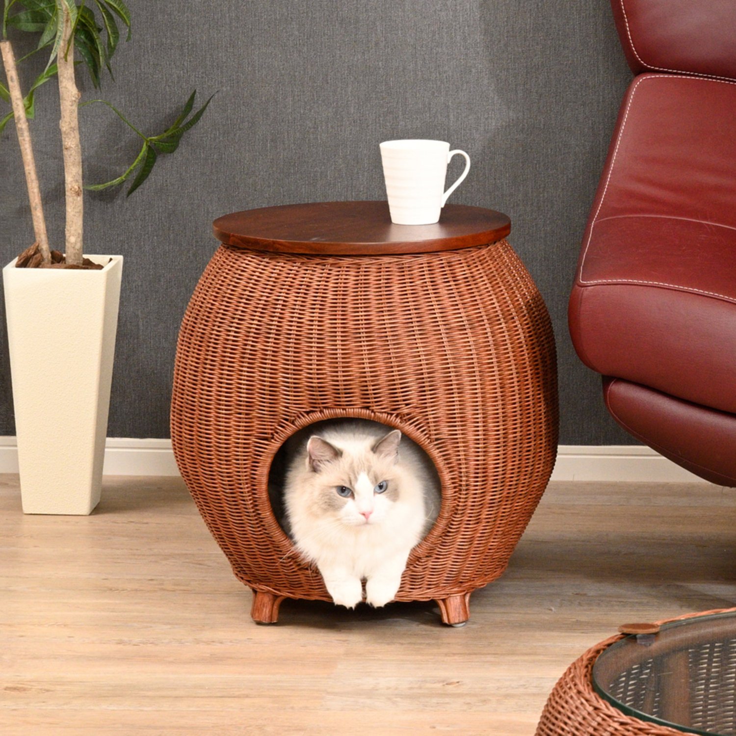 네코세카이 라탄 사이드테이블 베드 브라운