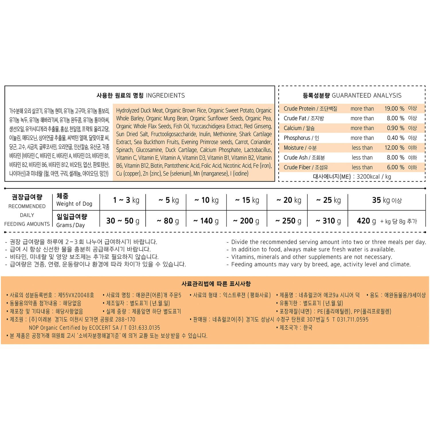 네츄럴코어 사료 에코 9a 시니어 오리&고구마 2.4kg